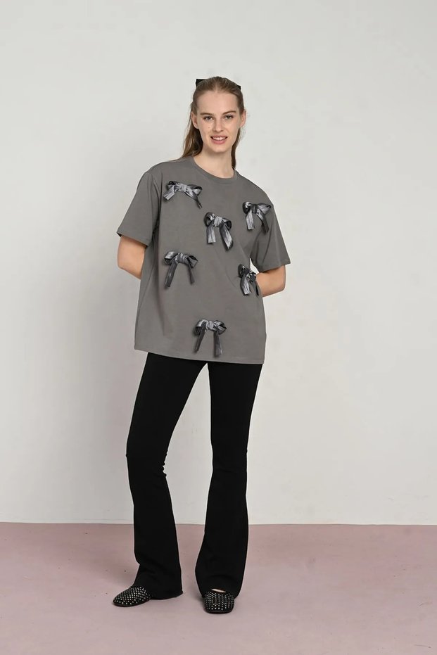 9-14 Years Old Ribbon Mussness Girls' T-Shirt-Anthracite