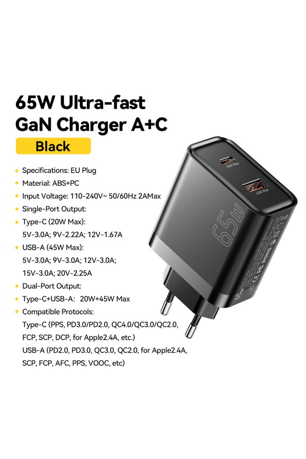 EU Black A C 65W GaN Charger USB PD Type C Fast Charging Phone Adapter QC3.0 For iP