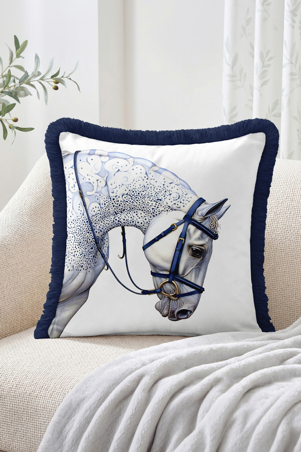 Navy Blue Detailed Fringed Cushion Cover with White Horse Head Figure - Modern Decorative Pillowcase
