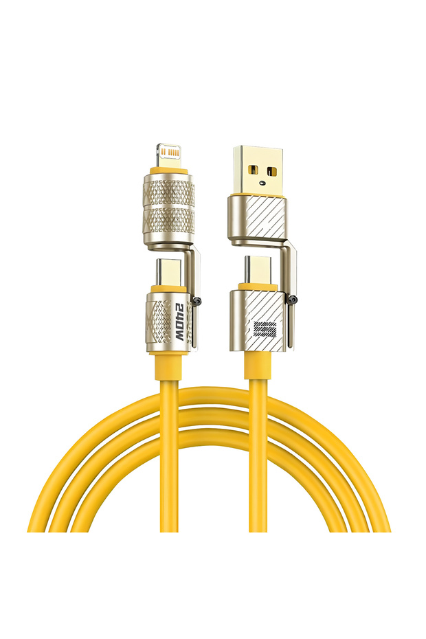 كابل شحن سريع USB-C متعدد المنافذ بطول 1 متر، أصفر اللون، 240 واط، 4 في 1، شحن سريع PD 240 واط ومزامنة البيانات لأجهزة آي بي