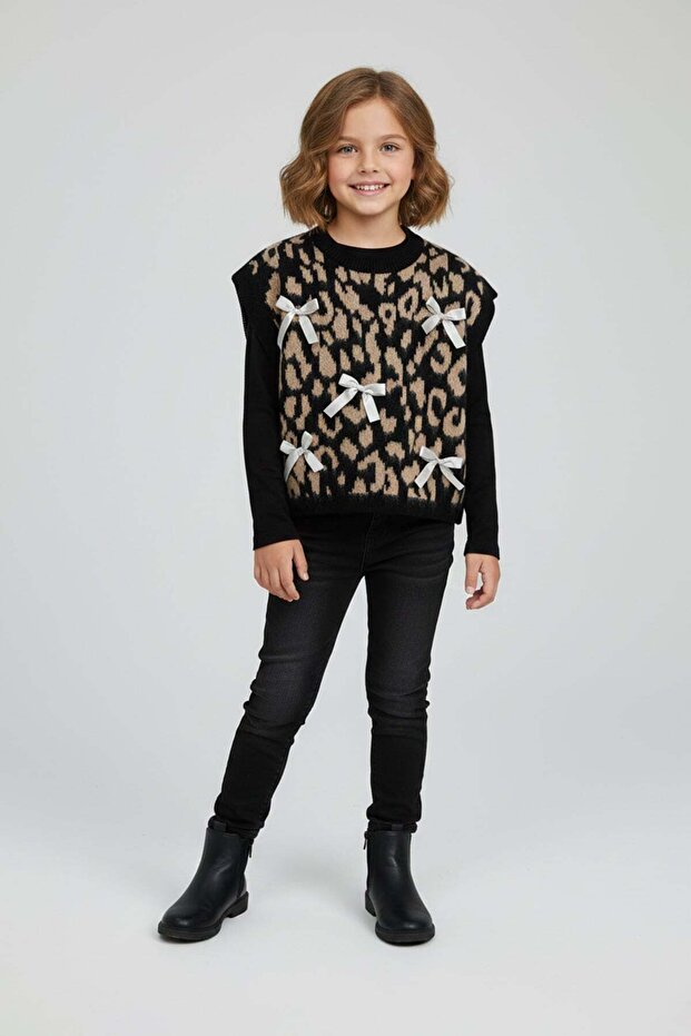 Leopard Patterned Bow Girl's Knitwear Sweater
