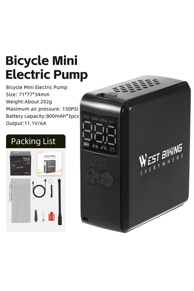 Black WEST BIKING Mini Electric Pump 150PSI Portable Bicycle Tire Inflator LCD Display Motorcycle Ca