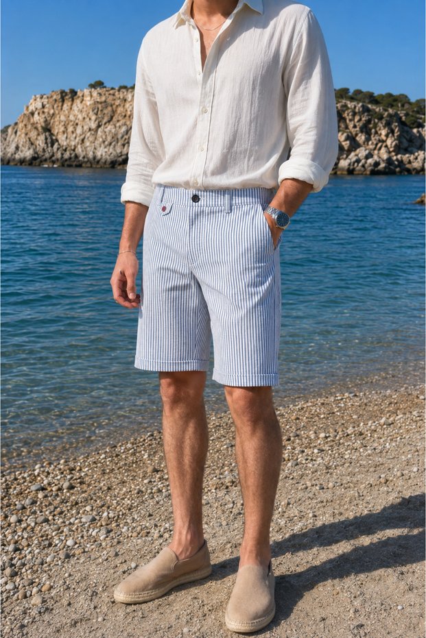 Men's White Blue Slim Fit Seersucker Striped Casual Stretch Shorts with Side Pockets