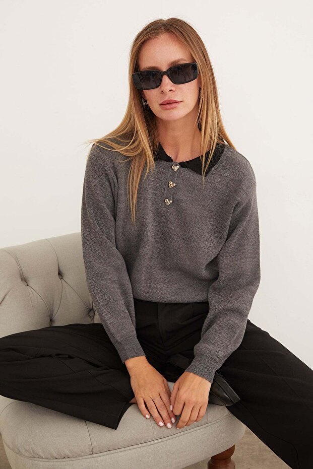 Basic Polo Neck Half Button Knit Sweater