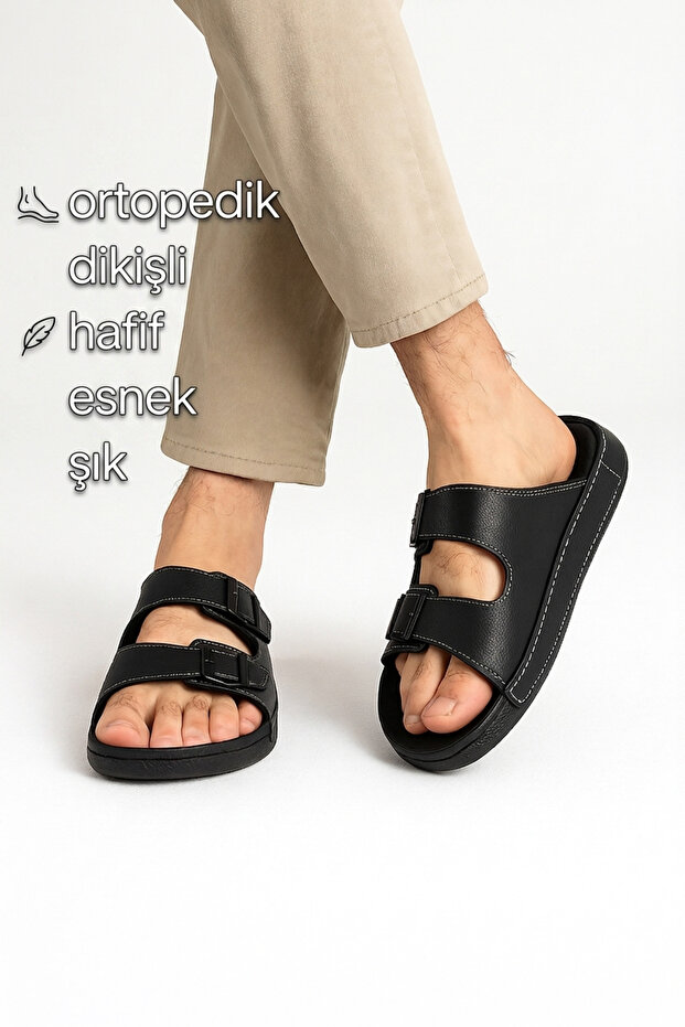 Men's Orthopedic Slipper Stitched Faux Leather – Non-Slip Stretchy Comfortable Sole Casual Stylish