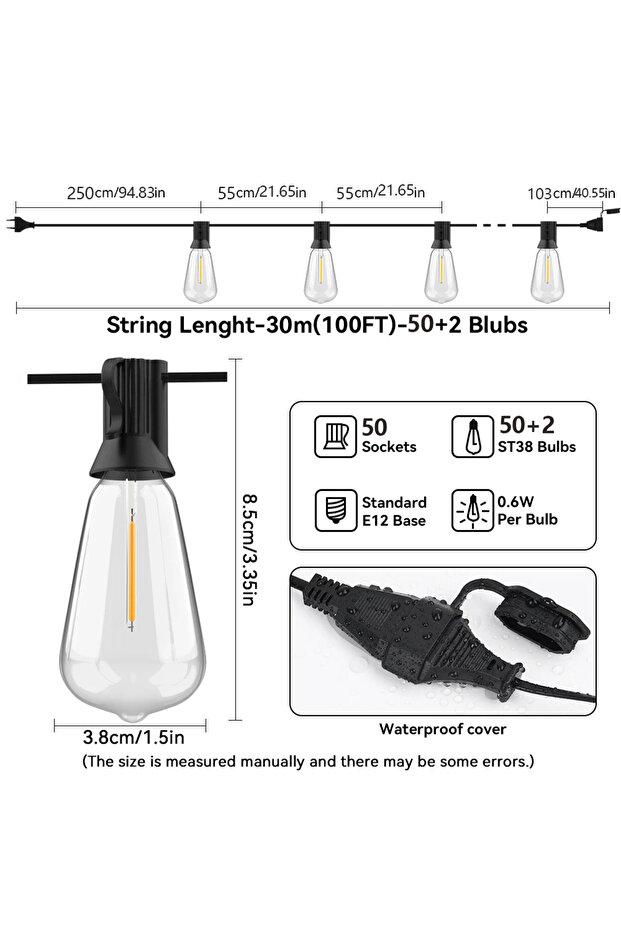 EU Plug 30M 100FT 50LED 20M 30M ST38 Garland Light String Shatterproof LED Bulbs Outdoor IP44 Patio