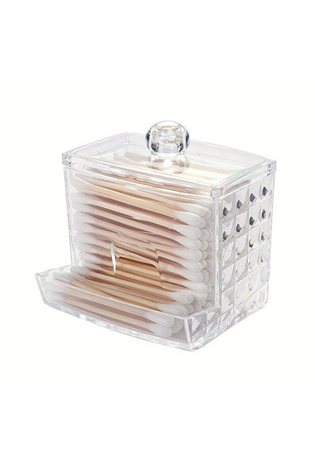 Transparent Lid 8oz Cotton Swab Holder Dispenser Clear Diamond Pattern Bathroom Organizer Accessorie