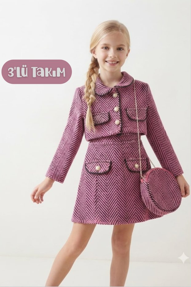 Girl's Gold Button and Striped Piping Detailed Crop Jacket Skirt Chain Strap Bag Set of 3