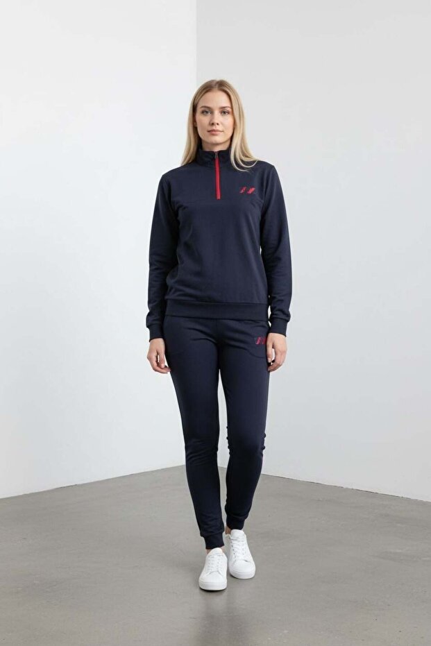 Women's Navy Blue Two Thread Di Mock Neck Ermuarli Tracksuit Set - 76488