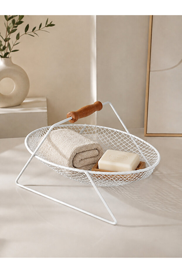 White Metal Multi-Purpose Organizer Basket with Wooden Handle | Luxury Thermoplastic Coating Stainless | White