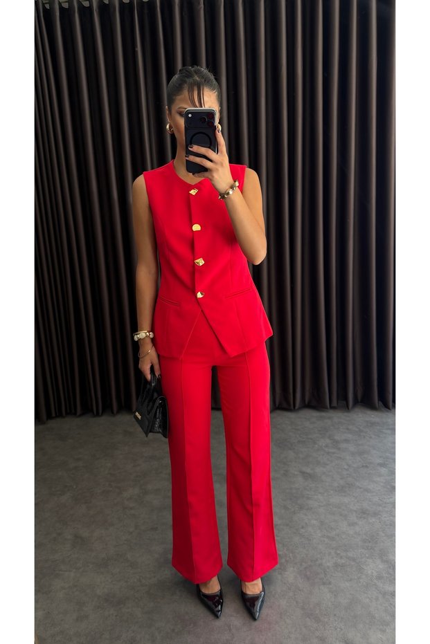 Women's Top and Bottom Set Stylish Vest and Pants Two-Piece Set with Button Detail