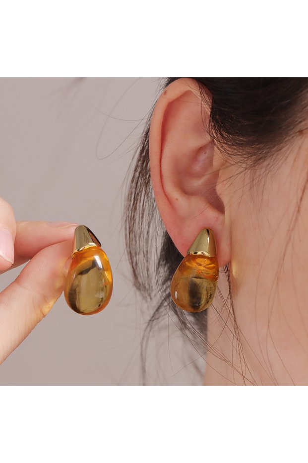 yellow Simple Water Drop Transparent Color Resin Stud Earrings Trendy Stainless Steel Earring For Wo