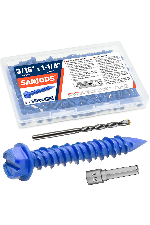 Hex Head 3-16 x 1-1-4 3/16" or 1/4" Concrete Screw Anchor Blue Hex Head Screws for Anchoring to Maso