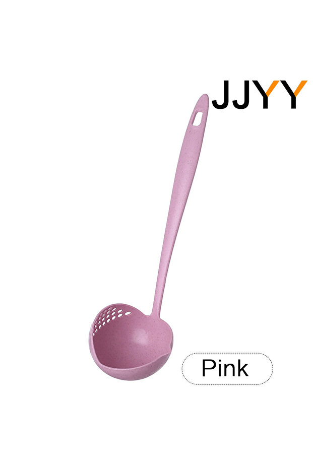 ملعقة مطبخ بلاستيكية طويلة المقبض 2 في 1 من JJYY باللون الوردي مع مصفاة للطهي