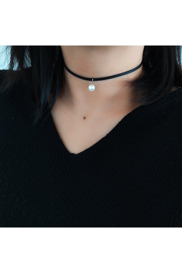 40cm Steel color Sweet and Cute Simple Everything Artificial Pearl Pendant Black PU Leather Choker C