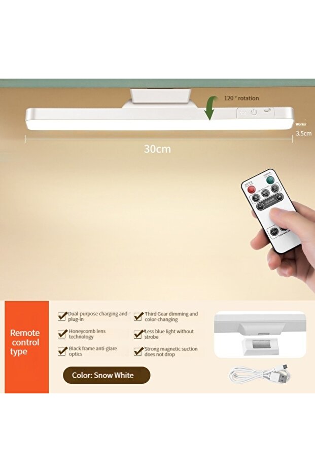 11.8in WHITE 1PCS Rechargeable Magnetic Desk Lamp with Remote Control 3 Color Modes No Flicker Adju