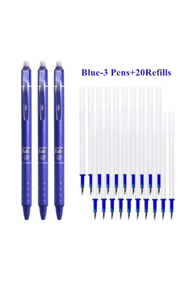 Blue-3Pens 20Refill 0.5mm Retractable Erasable Gel Pens Set with Refills Black Blue Gel Ink Built-in