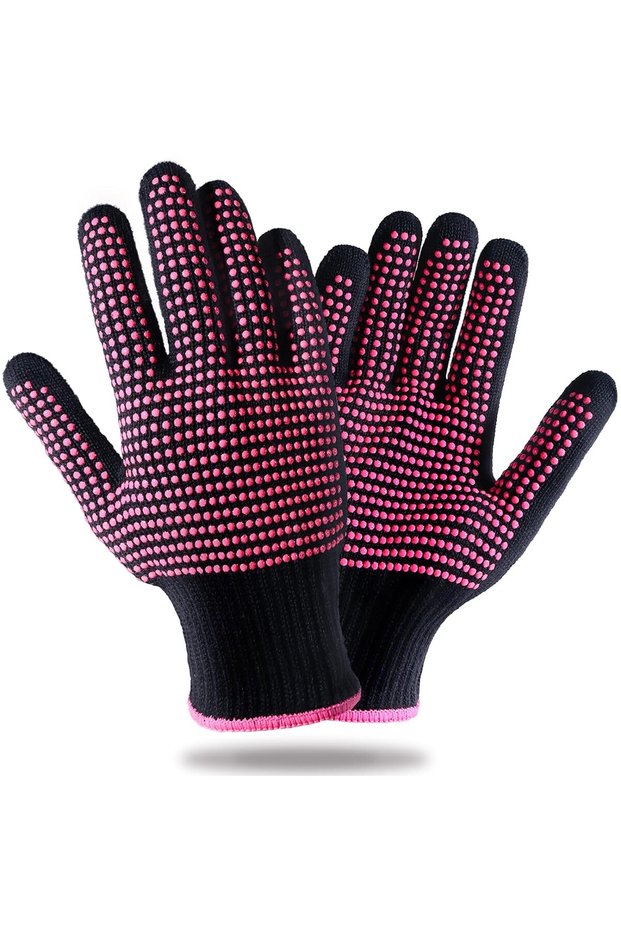 rose red 2pcs Heat Resistant Gloves With Silicone Bumps Heat Proof Glove Mitts For Hair Styling Curl