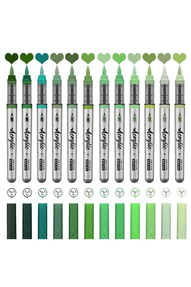 Green Series Acrylic Paint Markers ,12 pcs Brush Tip Acrylic Paint Pens Set with 9 Professional Colo