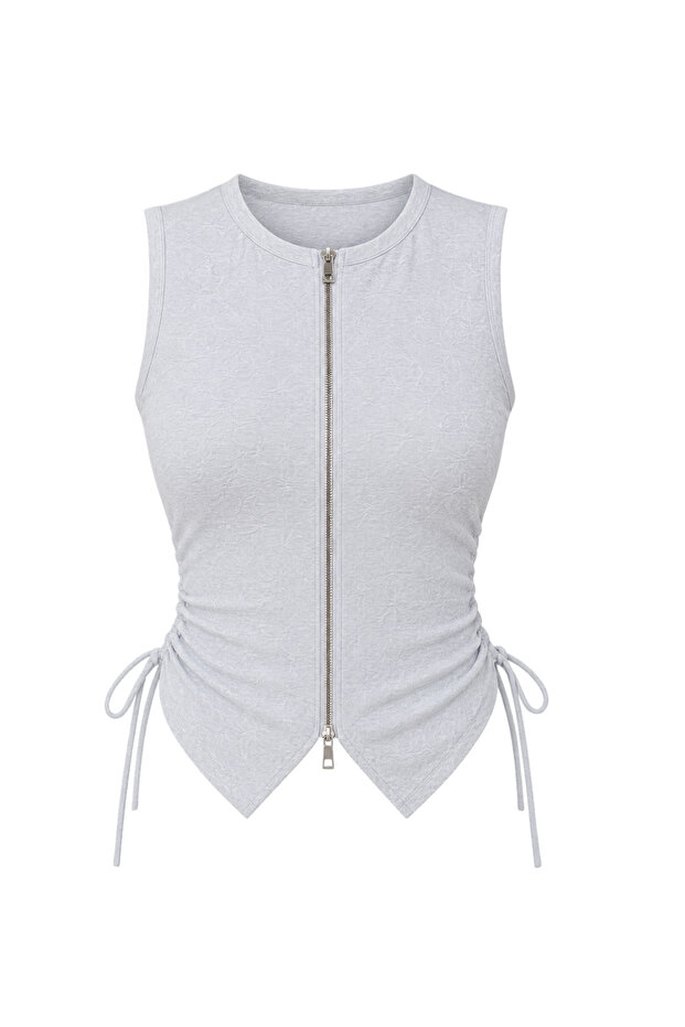 Women's Gray Melange Front Zipper Adjustable Side Gathered Lycra Sleeveless Crop Top (95% Cotton)