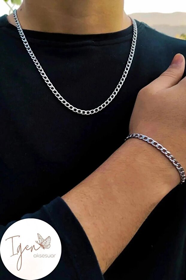 مجموعة سوار قلادة سلسلة مسطحة