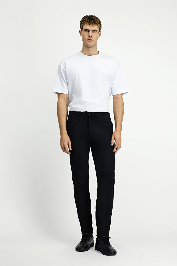 7 Drop Slim Fit Classic Fabric Trousers with Elasticated Waist and Drawstring