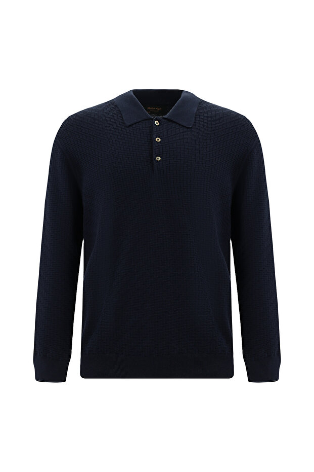 Polo Collar Regular Fit Patterned Cotton Lu Wool Knitwear Sweater