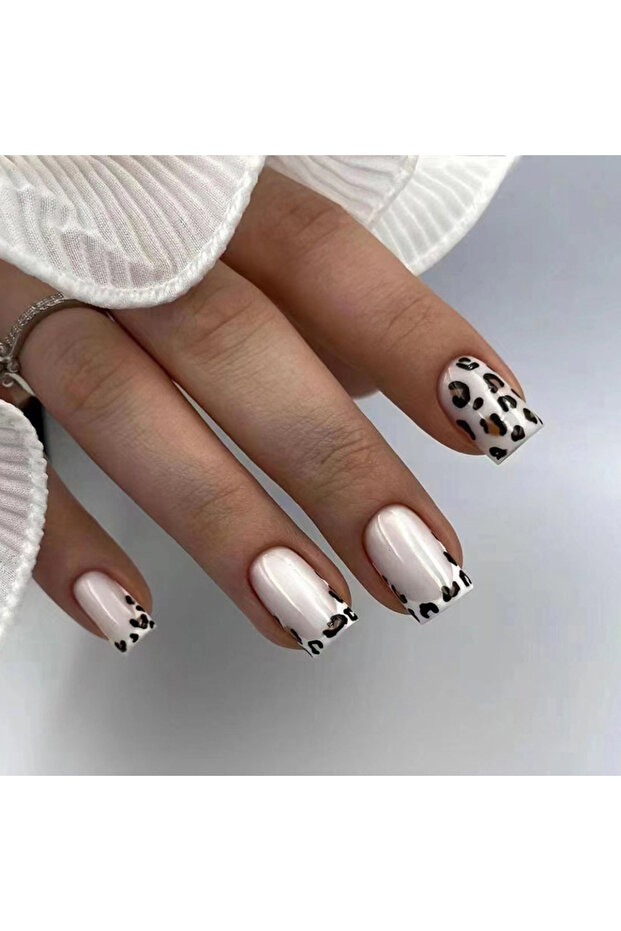 W468 24 قطعة أظافر صناعية فرنسية قصيرة بتصميم نقشة جلد النمر، أظافر صناعية فنية تغطية كاملة ومقاومة للماء
