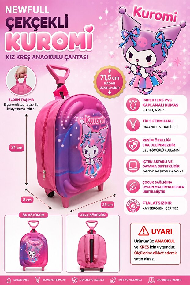 Kuromi Girl Kindergarten Nursery Backpack with Trolley