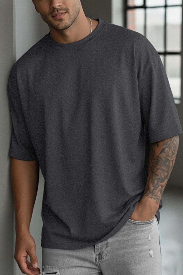 Men's Smoked Crew Neck Plain Basic Unprinted Oversize Salas T-Shirt