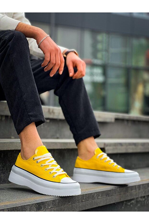 Kb-Cx-3 Kuback Short Yellow Linen White High Sole Sneakers