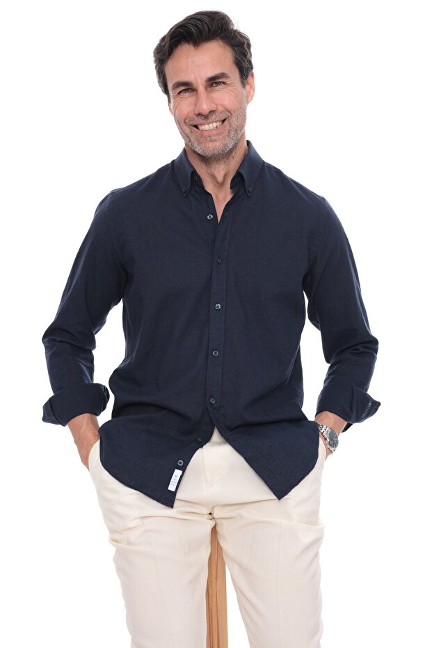 Slim Fit Long Sleeve Lapel Collar Buttoned Breathable Linen Gift Boxed Men's Shirt Fs-004548 - Navy Blue