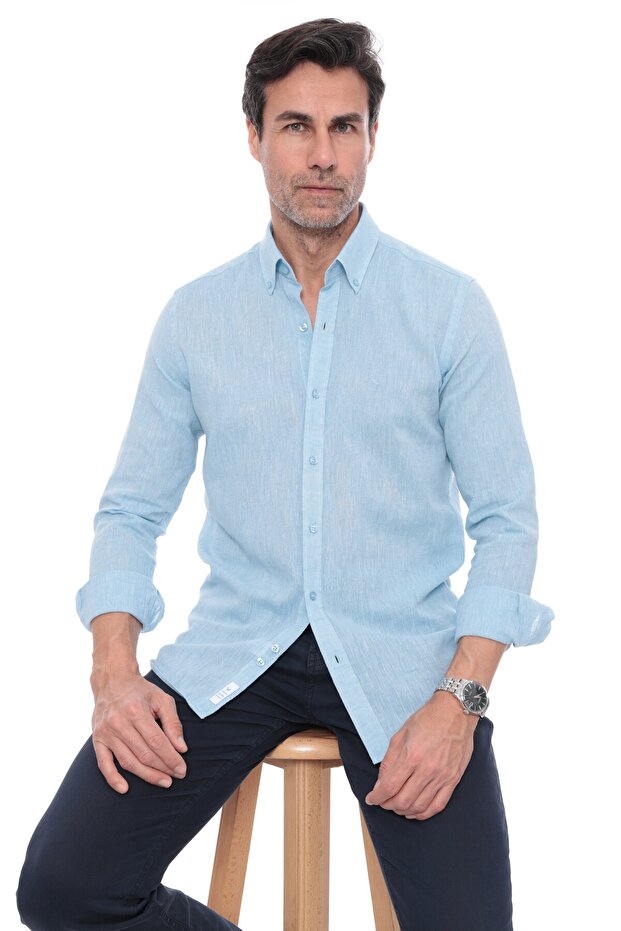 Slim Fit Long Sleeve Lapel Collar Buttoned Breathable Linen Gift Boxed Men's Shirt Fs-004548 - Turquoise