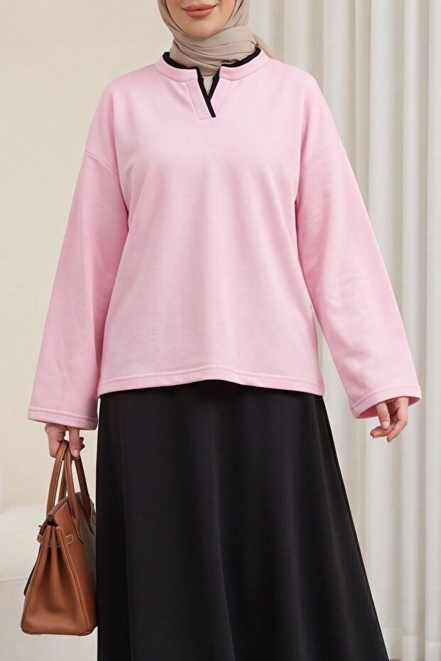 V-Neck Double Layer 2-Thread Combed Cotton Blouse - Pink
