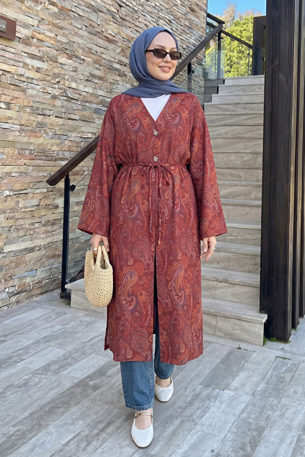 Shawl Pattern Buttoned Kimono Y0127 - Bordo
