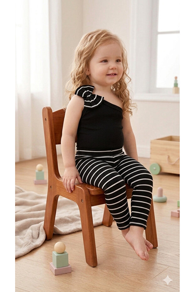 Baby Children's Fitilli Ribana Kumas Bowknot Single Sleeve Crop Top and Leggings Set
