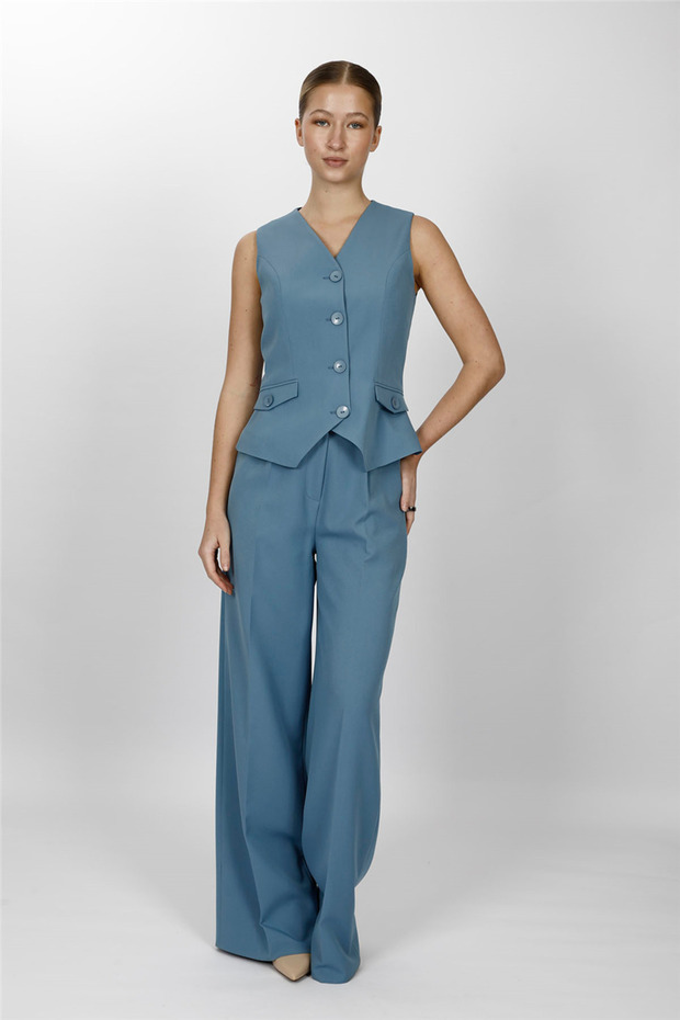V-Neck Decorated Buttoned Vest Suit 1530522-Deniz - 1530522