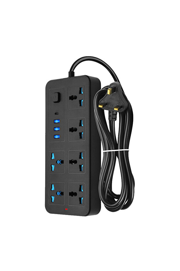 شريط طاقة عالمي بقابس أمريكي، سلك تمديد 2 متر مع منافذ USB-C و USB، مقبس كهربائي متعدد المنافذ، أسود اللون