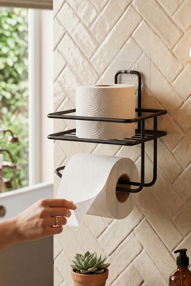 Luxury Thermoplastic Coated Black Spare Toilet Paper Holder Bathroom Organizer Adhesive Shelf Wall Hanger