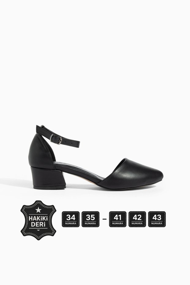 Liora Black Genuine Leather Women's Short Heeled Shoes 34-43 Size Ankle Strap Comfortable Stylish