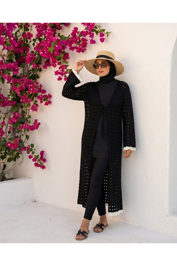 Summer Contrast Striped Modern Cut Long Kimono with Knit Detail, Kaftan- Beach Dress