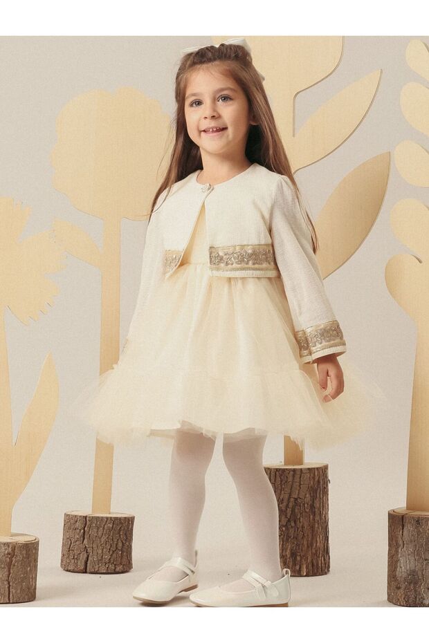 Birthday Dress with Gold Embroidery Detail and Bolero Jacket