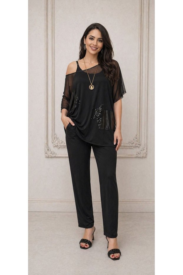 Women's Various Viscose Combed Cotton Fabric 3-Piece Set 42/50 (Cotton Strap Blouse, Trousers, and Tulle Blouse)