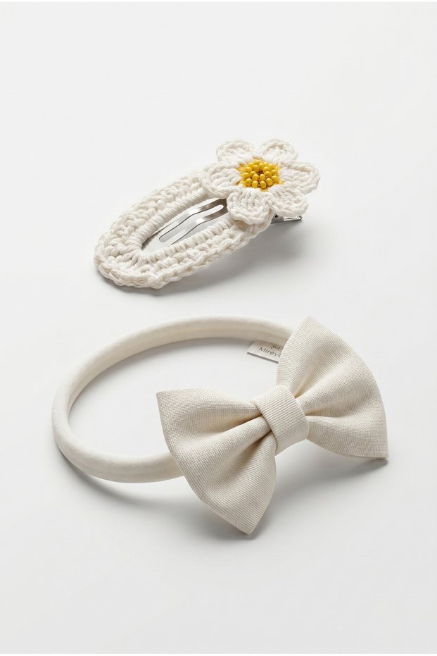Baby Girl Bow Hair Band and Knitted Hair Clip Set Cream