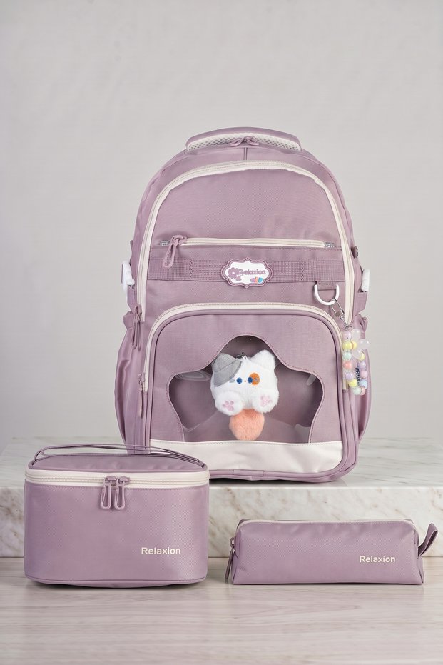 Relaxion 1920 Primary School Girls' Dusty Rose School Bag Set of 3 - with Lunch Box, Pen Holder, and Plush Keychain