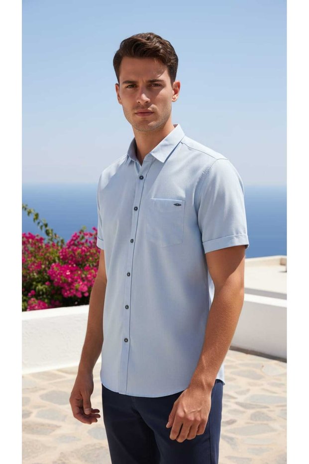 Short Sleeve Buttoned Single Pocket Cotton Men's Shirt