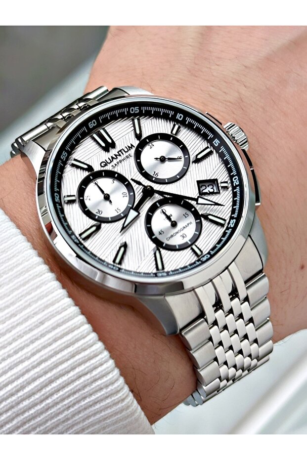 Functional Silver Color Steel Band Steel Case Sapphire Glass Men's Wristwatch 1214Mr