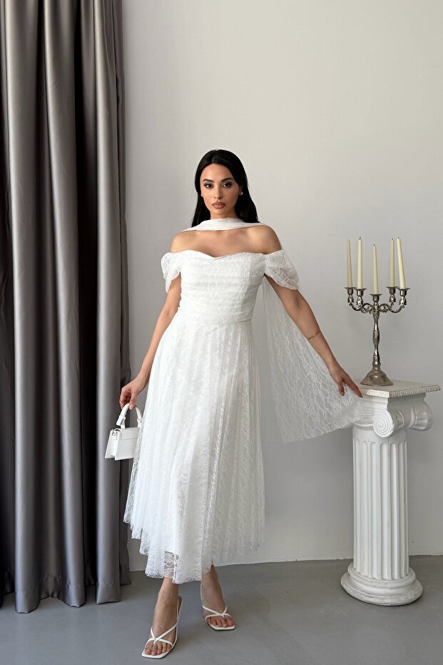 White Shoulder Scarf Detailed Lace Fabric Midi Evening Dress