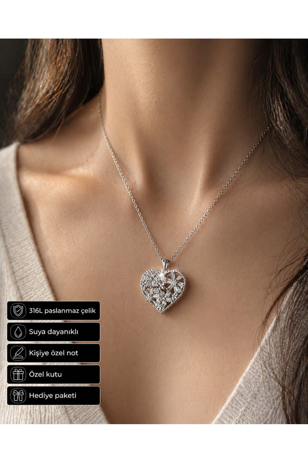 Heart Figured Flower Patterned Women's Necklace Stainless Steel Gift