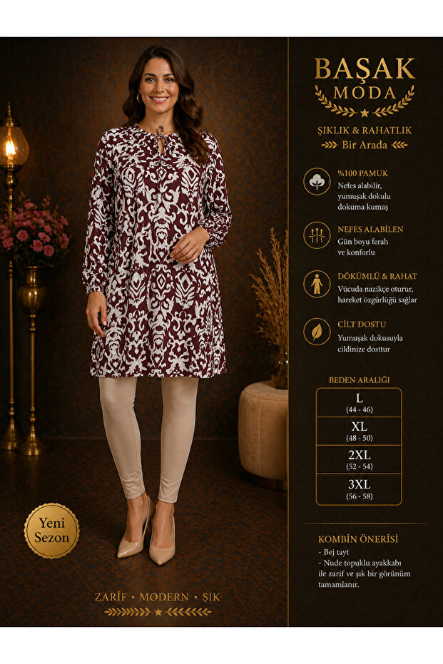 Moda Başak 100% Cotton Woven Patterned Tunic Comfortable Cut Plus Size